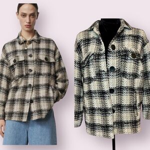 Zara Textured Woven Plaid Shacket Jacket White, Beige & Black Size Small